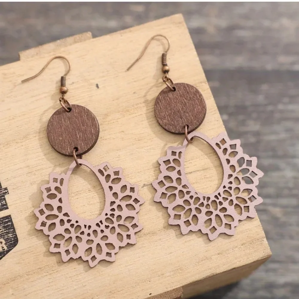 Hollow Pink/Nude Leather‎ Wood Spider Web Design Dangle 2/$15 3/$20 4/$25